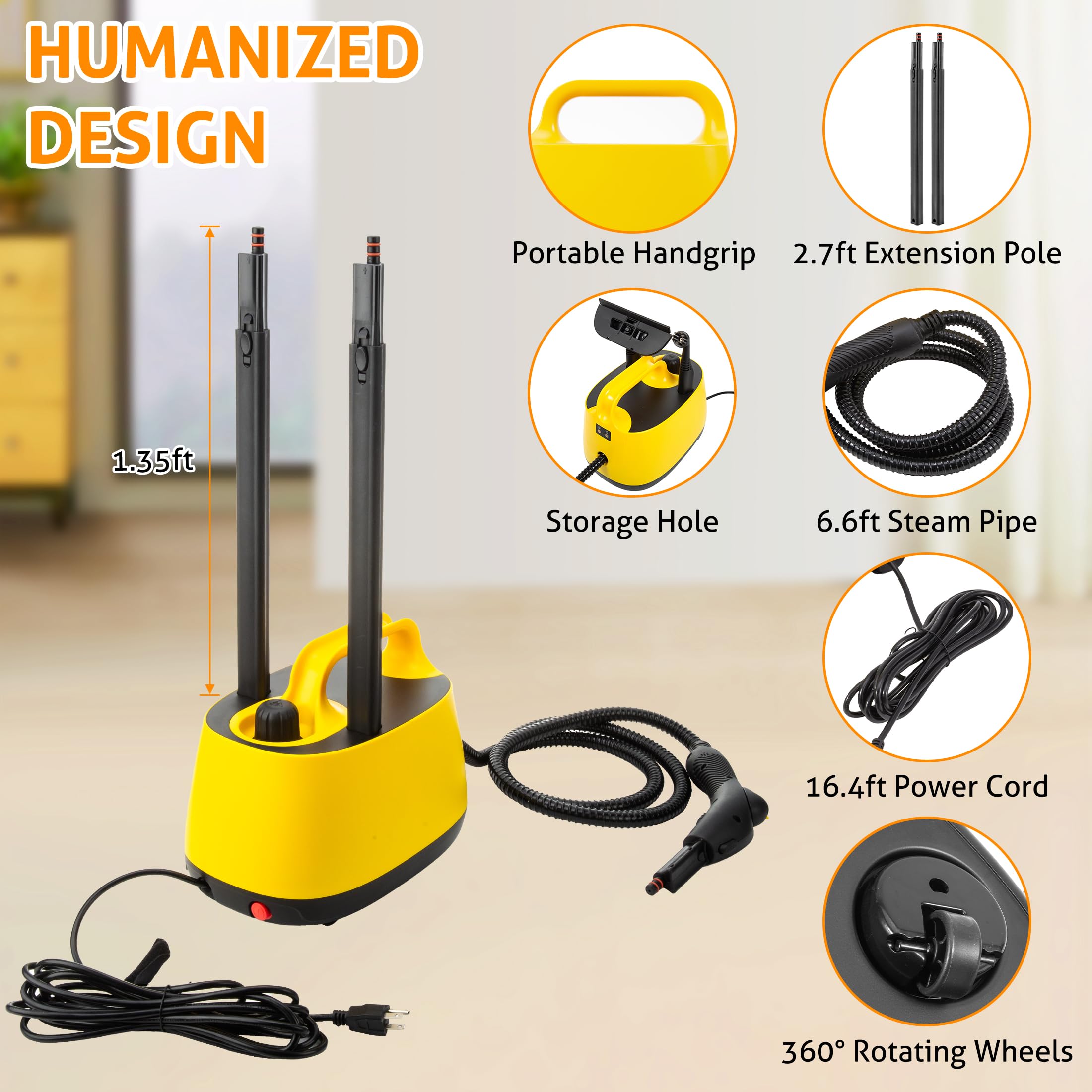 WICHEMI Steam Cleaner with Extension Pole, 51 oz, Steam Cleaner for Home, Adjustable Steam Pressure, 26 Accessories, Handheld Steam Cleaner for Walls, Gaps, Hard Floors, and Tiles