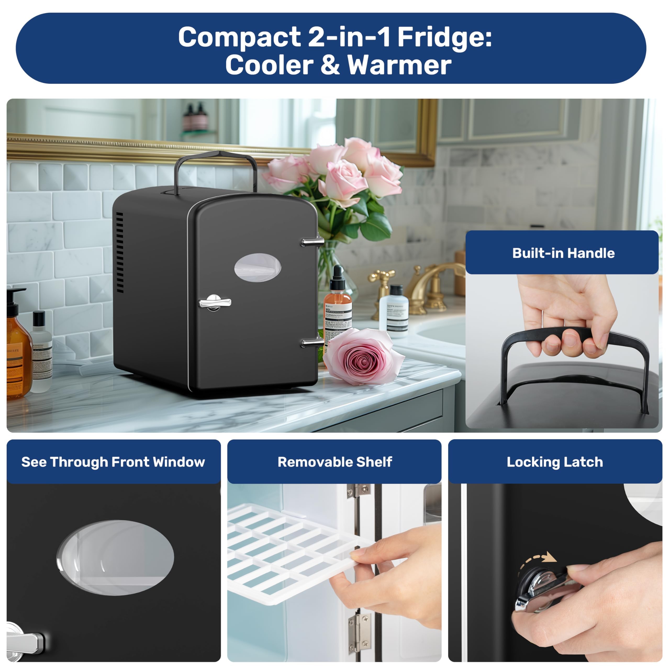 Simple Deluxe 9 Can Mini Observation, Portable Cooler & Warmer Freon-Free Small Refrigerator, Compact Fridge for Skincare, Beverage, 6L with Window, Black