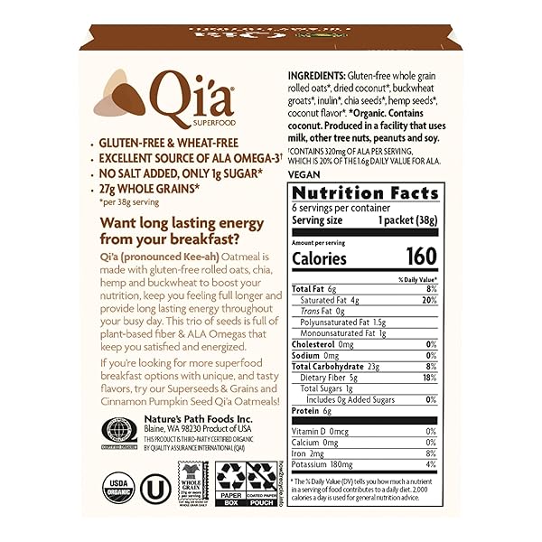 NATURE’S PATH ORGANIC QI’A CREAMY COCONUT INSTANT OATMEAL, 8 OZ (PACK OF 1), SUPERFOOD BLEND WITH CHIA & HEMP, GLUTEN FREE, NON-GMO