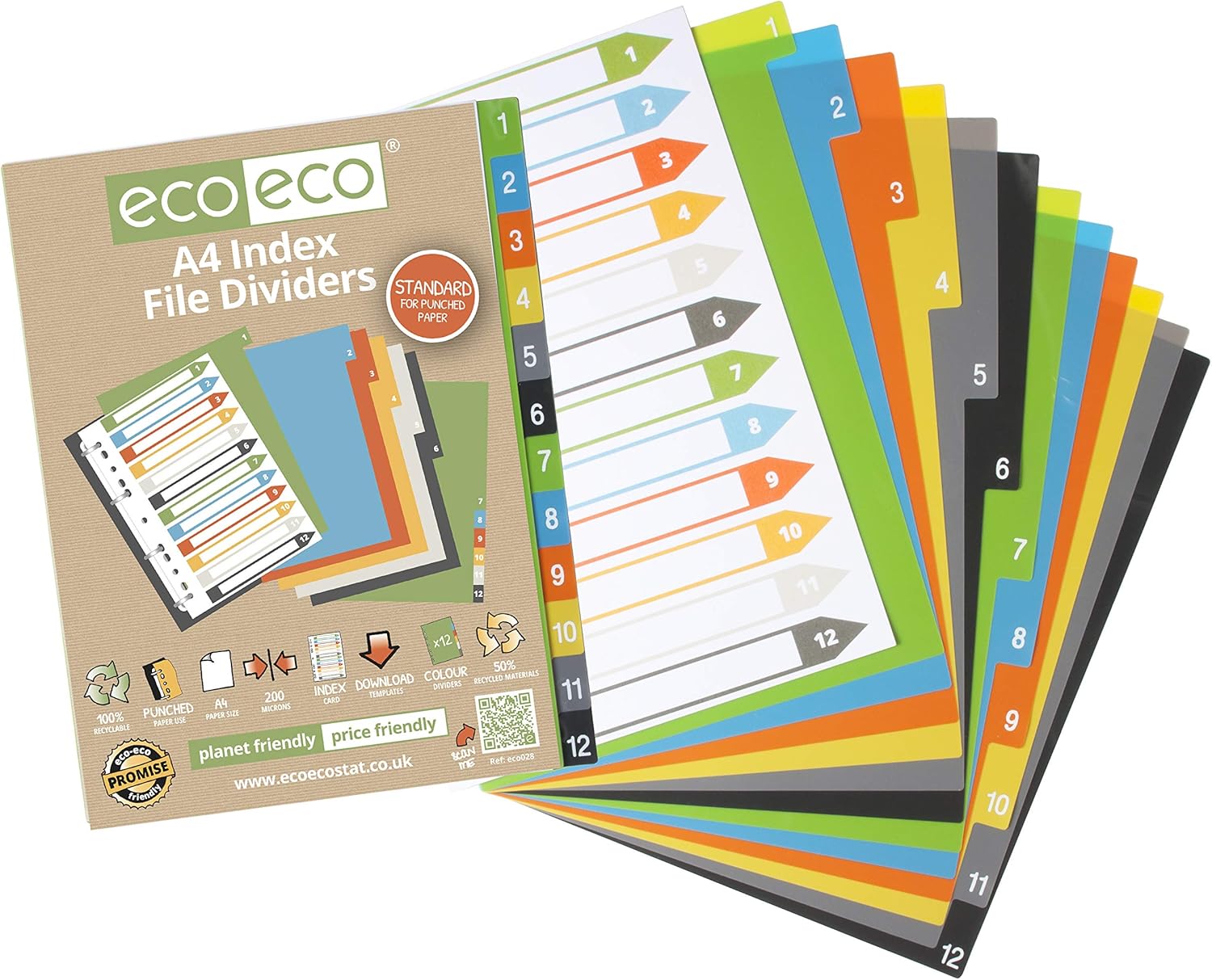 eco-eco A4 50% Recycled Multipunched Reinforced Colour Recycled Set 12 Index File Dividers 200mic (Pack of 4), eco028x4 - Image 4