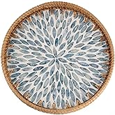 Tynulox Round Rattan Tray with Mother of Pearl Inlay, Rattan Serving Tray for Coffee, Bread, Fruits, Decorative Wicker Tray for Table Decor, Home Decor, Kitchen Island Decor (Light Blue Leaf, 11.8")