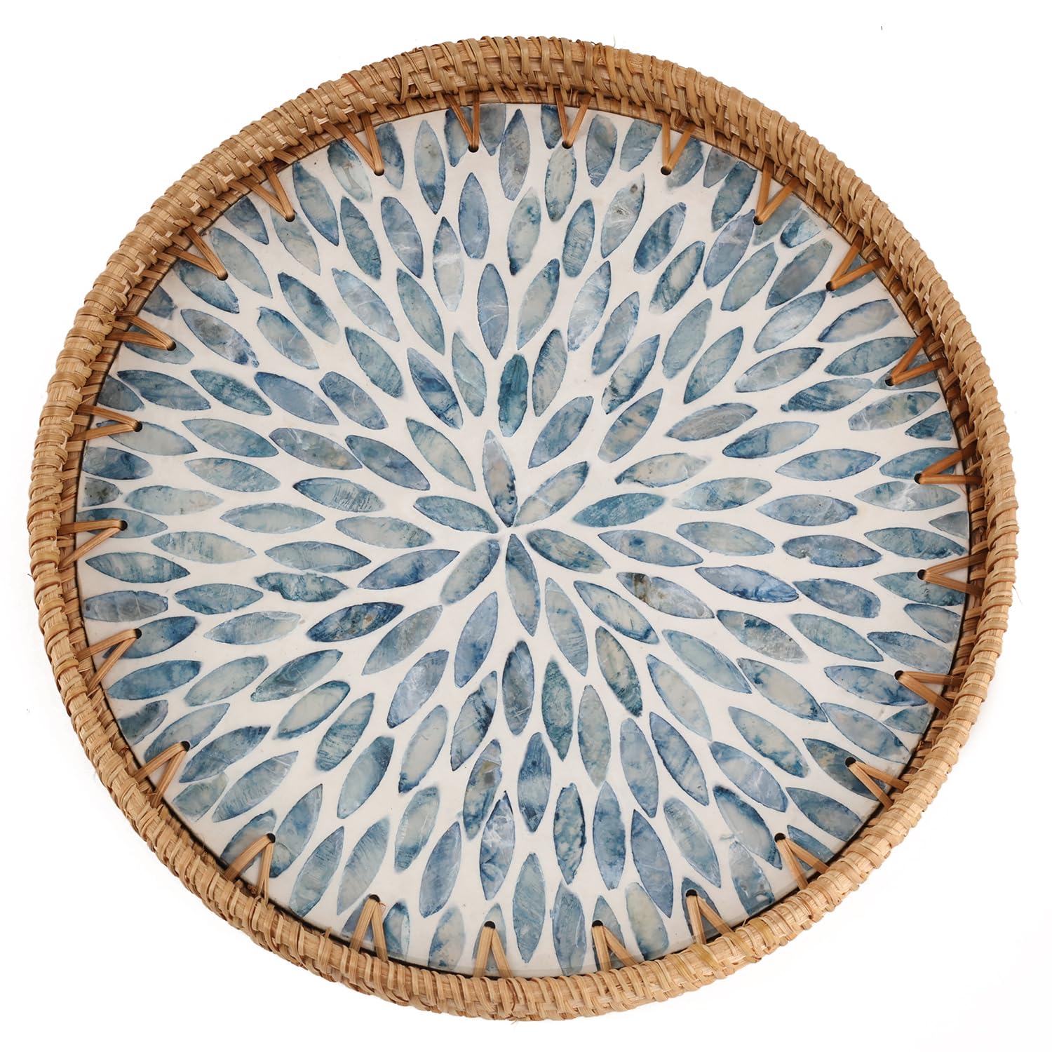 Tynulox Round Rattan Tray with Mother of Pearl Inlay, Rattan Serving ...