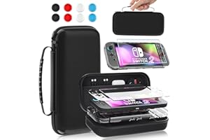 GLDRAM Black Carrying Case for Nintendo Switch 2 (2025), Portable Accessories Bundle with Hard Shell Travel Storage Bag, Clear Crystal Protective Cover PC Skin, HD Screen Protector & 8 Thumb Grips