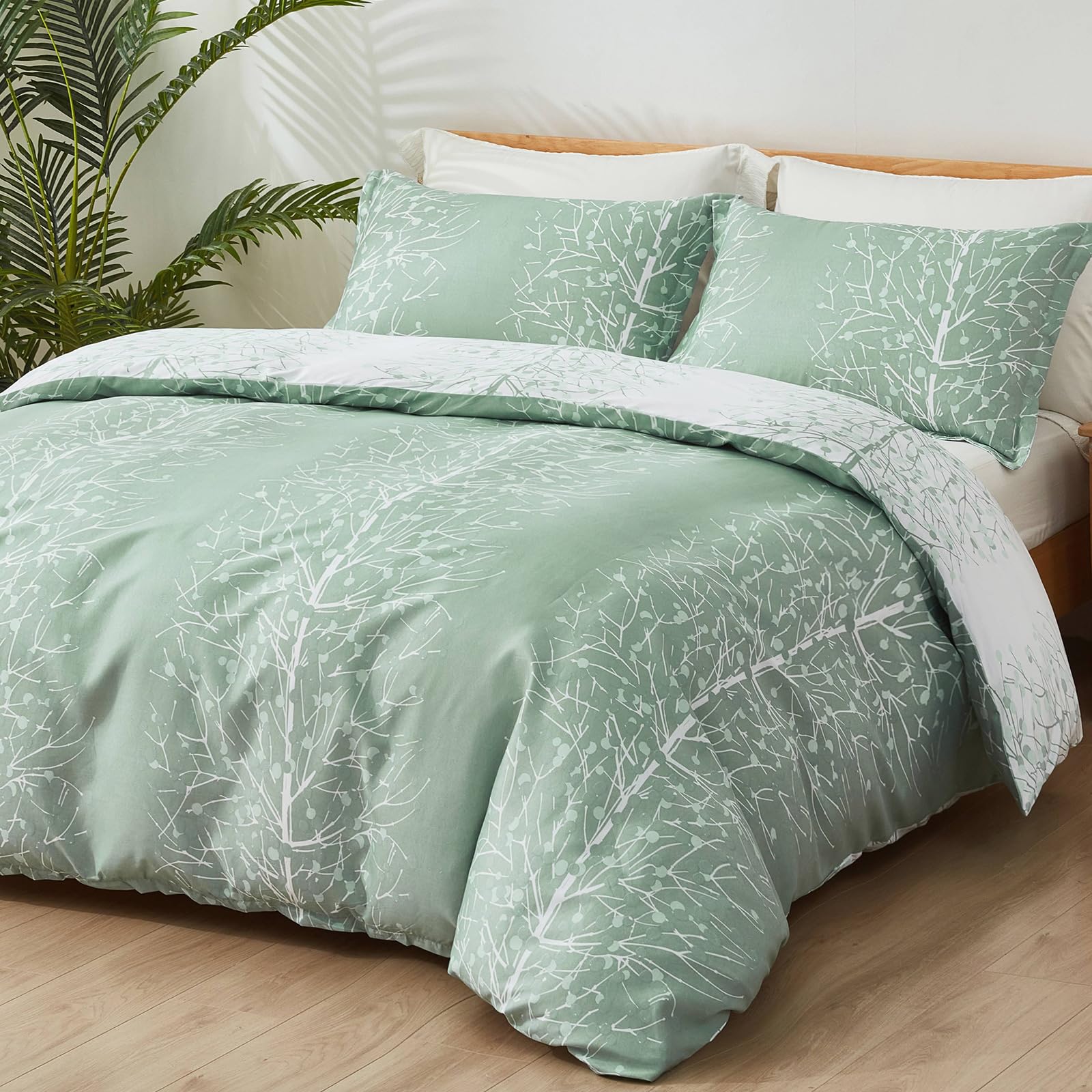 Fondream Green Leaves Duvet Cover Double Botanical Reversible Bedding Set Soft Microfiber Bedding Cover with Pillow Cases (Double,3Pcs)