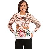 FUN.COM Women's Gingerbread House Ugly Christmas Sweater, Festive Christmas Sweaters, Knitted Xmas Holiday Crewnecks