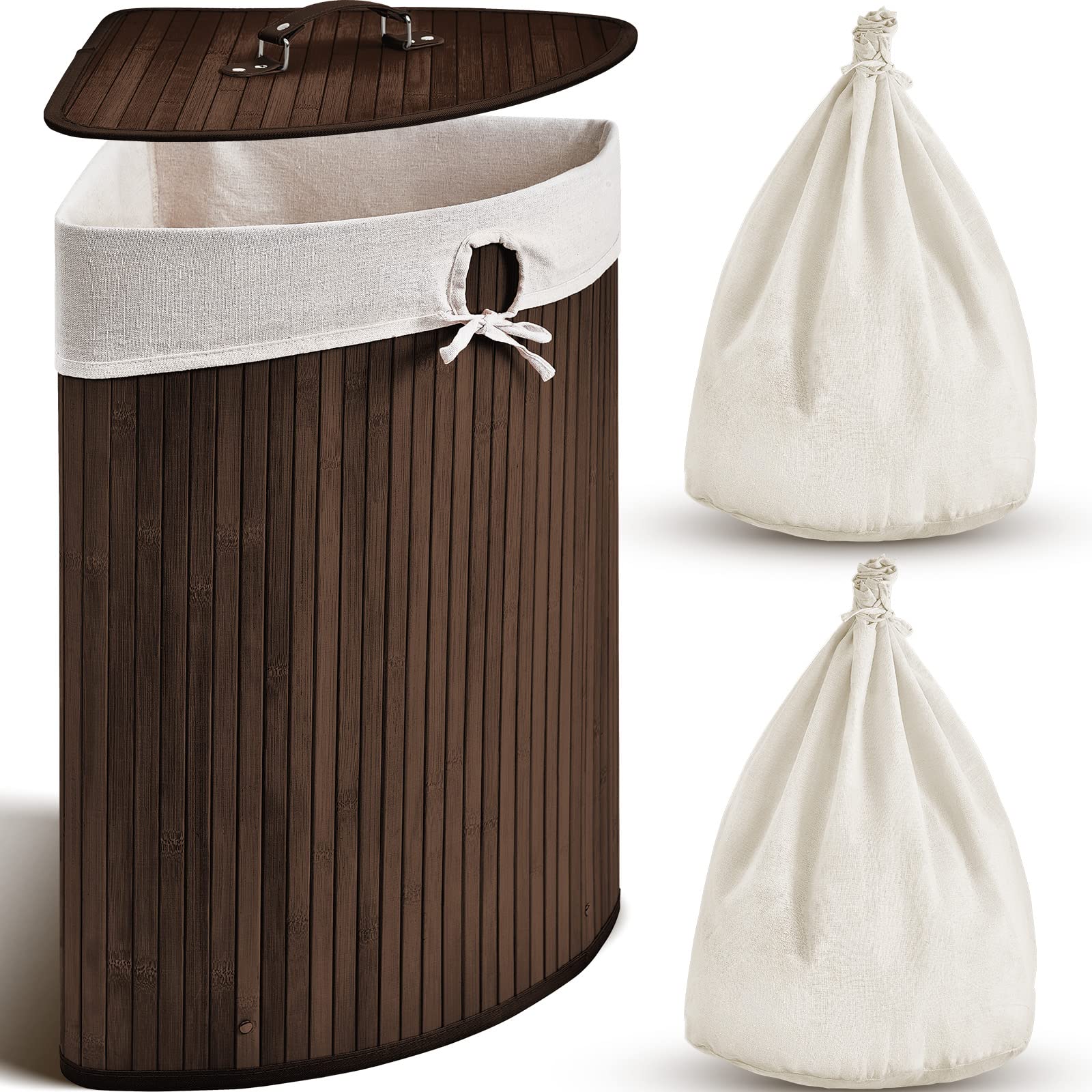 Photo 1 of Gueevin Corner Bamboo Laundry Hamper with Lid and Removable Liner Corner Bamboo Laundry Basket with Handle Washing Clothes Basket Storage Bin for Bedroom Bathroom(Brown)