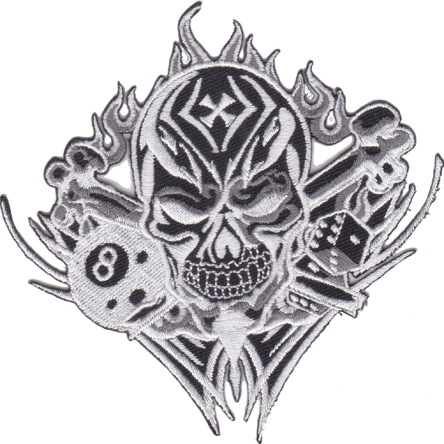 Iron on Patch Sew on Embroidered Application skull and bones black eight cross dice Biker