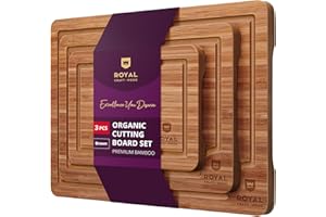 ROYAL CRAFT WOOD Wooden Cutting Boards for Kitchen Meal Prep & Serving - Bamboo Wood Serving Board Set with Deep Juice Groove Side Handles - Charcuterie & Chopping Butcher Block for Meat (3 Pcs)