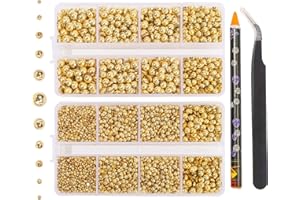 QPRETTY DU 6540PCS Gold Resin Flat Back Pearls Rhinestones,Mixed Size 2/3/4/5/6/8/10mm Half Round Pearl Beads Nail Gems Rhinestone with Tweezers and Picker Pencil for Crafts Nail DIY Decoration