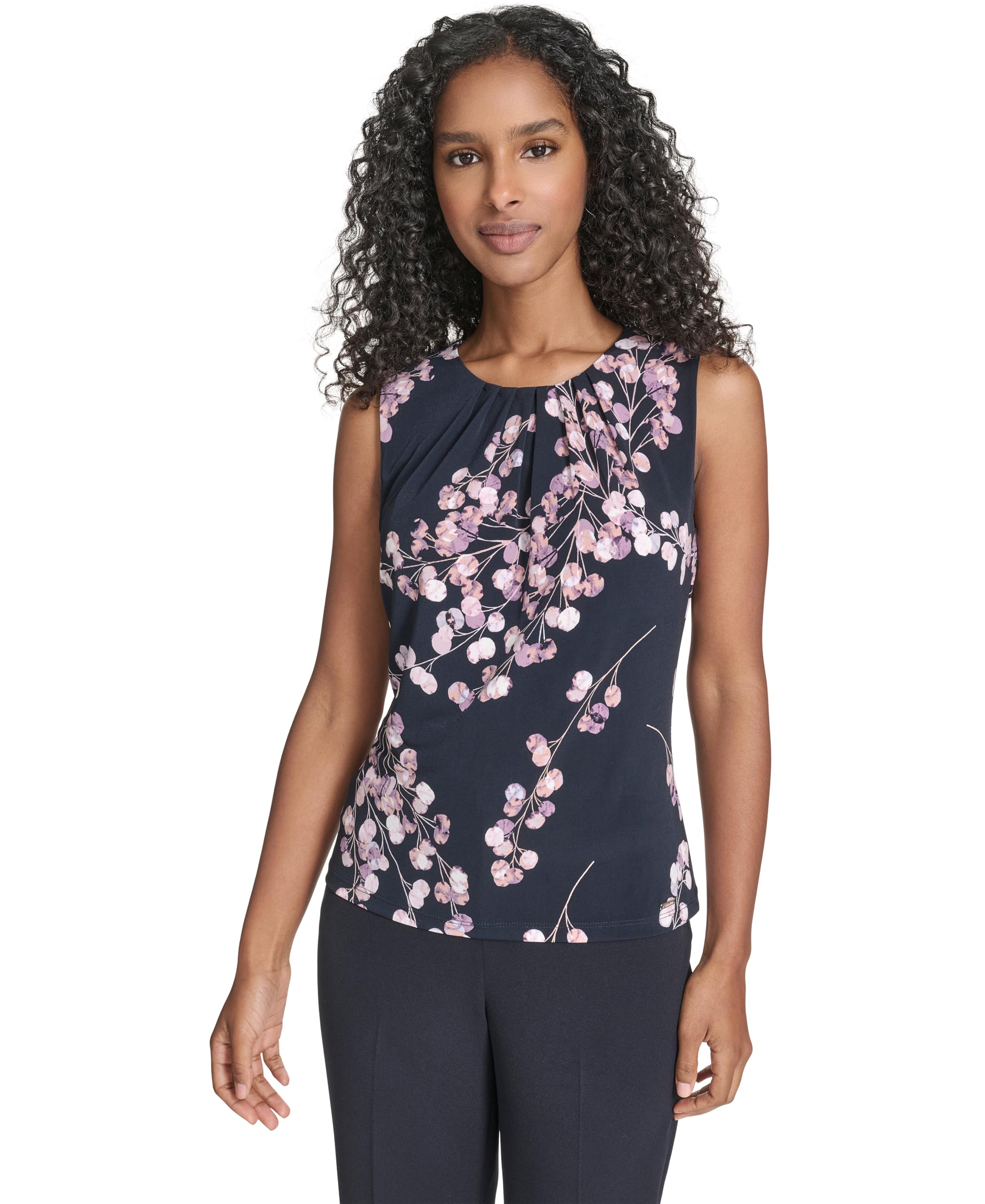 Calvin Klein Women’s Sleeveless Crew Neck Pleated Camisole, Navy/Cream Multi, X-Large