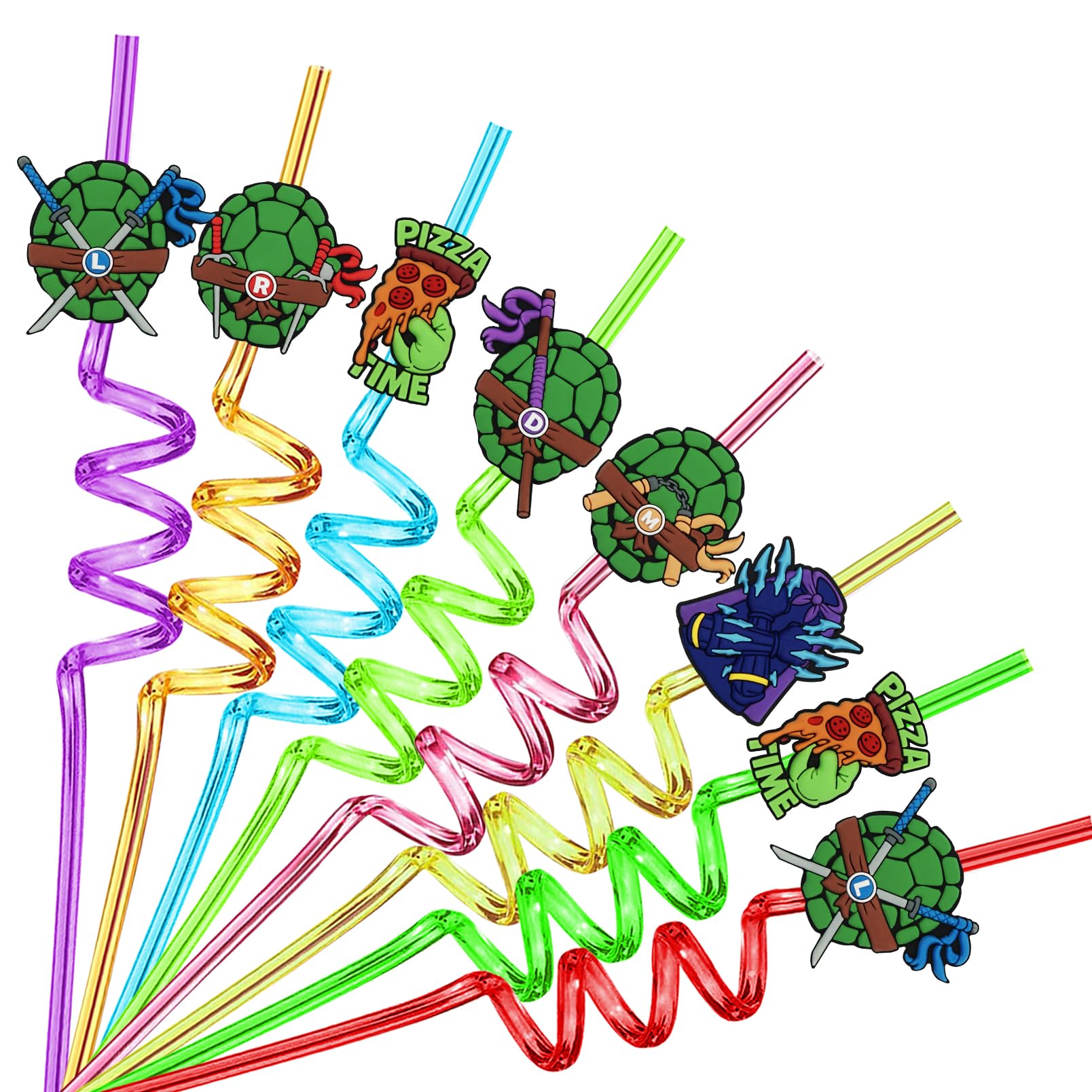 Photo 1 of 24PCS Green Turtles Birthday Party Plastic Straws for Teenage Cartoon Turtle Party Favors, Reusable Crazy Straws with 6 Style Patterns for Kids Party Supplies with 2 Brushes