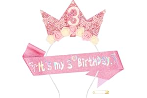 Atoden 3 Year Old Birthday Headband and Sash Happy 3rd Birthday Decorations for Girl Glitter Flower Princess Crown Tiara with Pink Bow Party Costume Outfit Gifts