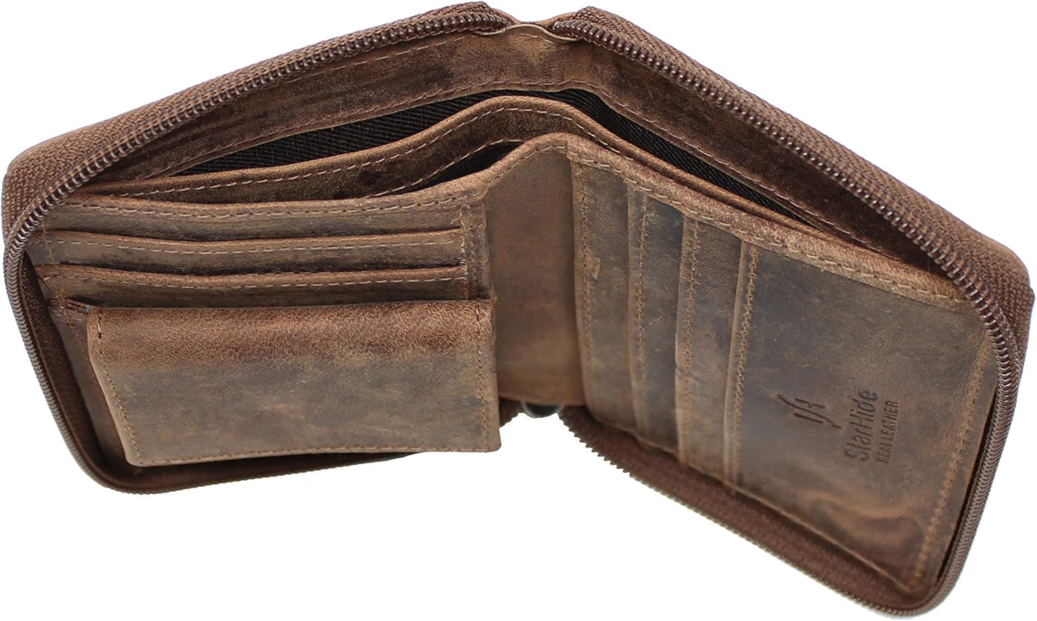 STARHIDE Mens RFID Blocking Full Zip Around Distressed Hunter Leather Coin Pocket Wallet 720 (Brown), Camel Brown, 9.5 cm x 12 cm - Image 5