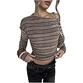 MakeMeChic Women's Striped T Shirt Going Out Off The Shoulder Long Sleeve Fitted Crop Tops