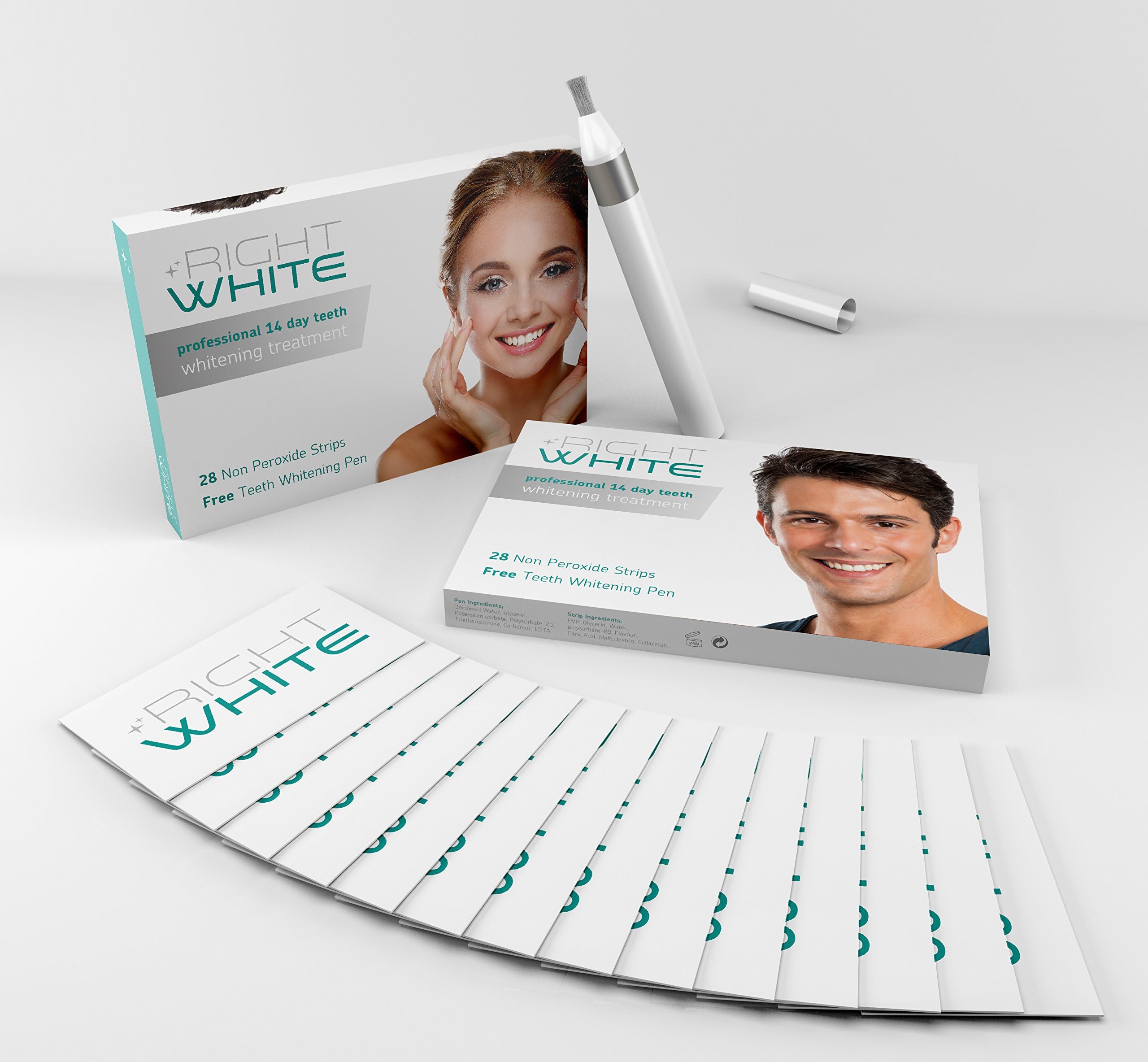 Right White Premium Teeth Whitening Strips and Free Teeth Whitening Gel Pen - All Natural Ingredients and Peroxide Free - Proven 30 Minute Treatment