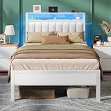 Furnulem Twin Size Bed Frame with Charging Station & LED Lights, Modern Platform Bed with 2-Tier Storage Shelves, White PU Leather Upholstered Headboard, No Box Spring Needed, Metal Slats Support