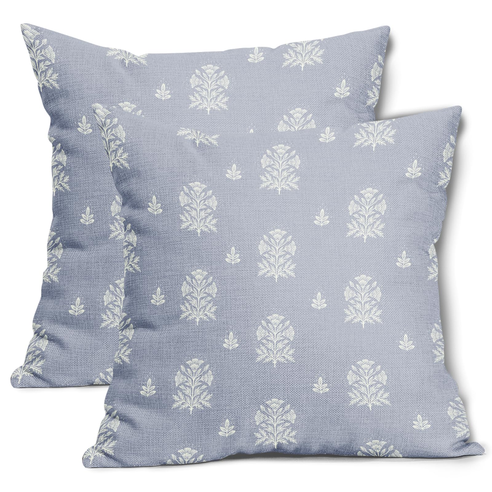 Vrysenium Blue and Cream Floral Pillow Covers 20x20 Inch Set of 2 Coastal Blue and Beige Cotton Linen Decorative Throw Pillow Case French Country Cushion Cover for Bedroom Sofa Living Room Home Decor