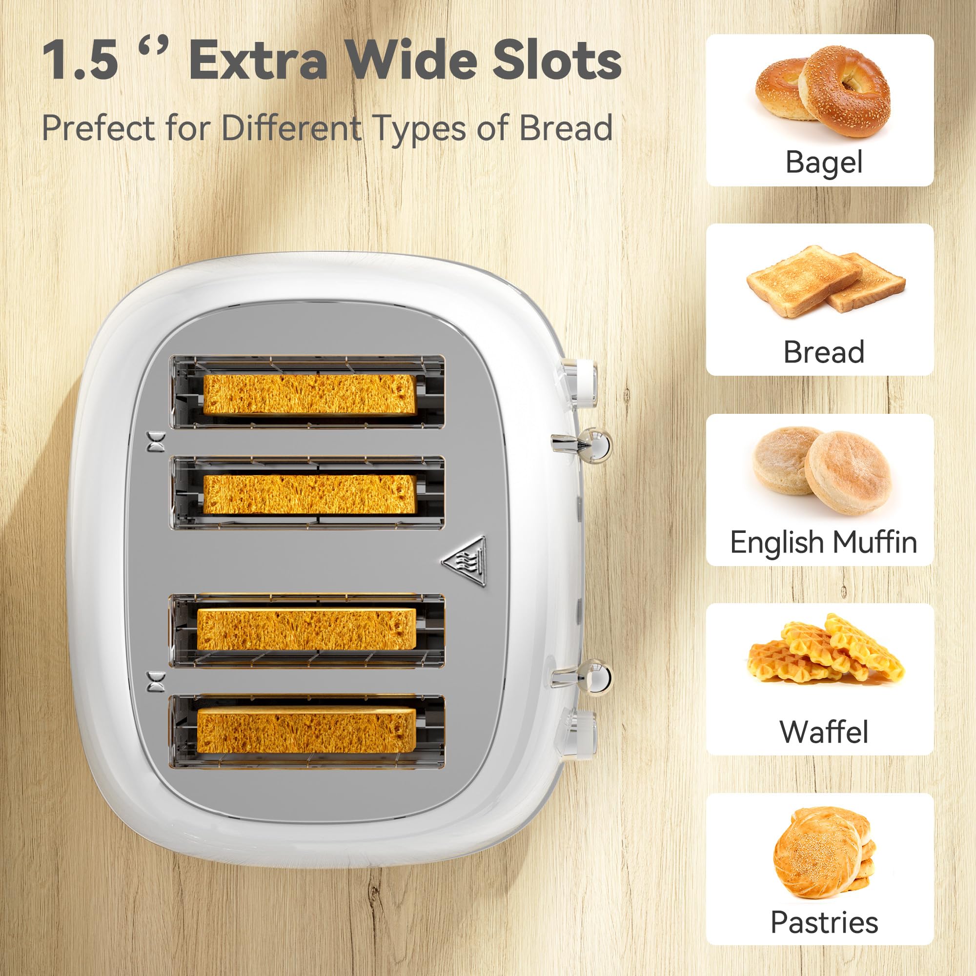 Tostadora de 4 rebanadas, acero inoxidable retro con 6 configuraciones de pantalla de pan, tostadora con ranuras de 1.5 pulgadas de ancho con funciones de cancelar/descongelar/recalentar, panel de control independiente dual, bandeja para migas de extracción (blanco)