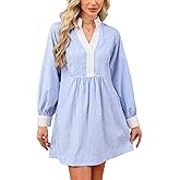 YEXPINE Womens Long Sleeve Babydoll Dress Cotton Striped V Neck Mini Shift Dress Casual Loose Shirt Dresses with Pockets