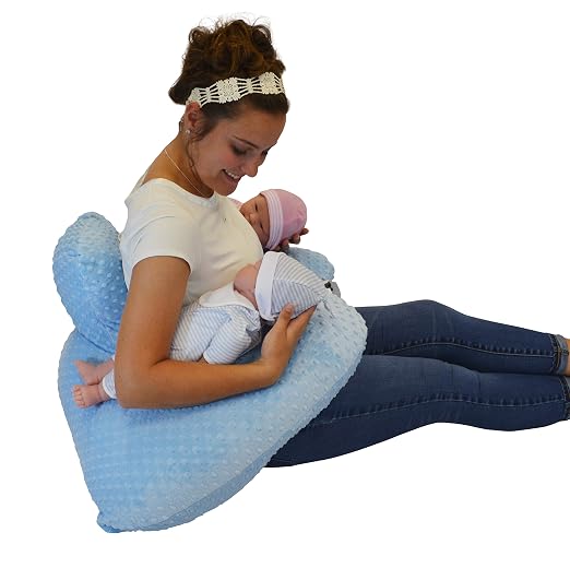 THE TWIN Z PILLOW - BLUE - 6 uses in 1 Twin Pillow ! Breastfeeding, Bottlefeeding, Tummy Time, Reflux, Support and Pregnancy Pillow! CUDDLE BLUE DOTS