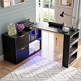 Kikihouse L-Shaped Manicure Table with Dust Collector, Outlet &amp; LED Light | Large Storage Space, Sliding Cabinet Door, Length Adjustable Corner Nail Station, Nail Tech Desk for Home Spa Salon (Black)