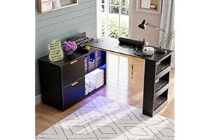 KIKIHOUSE Manicure Table with LED Light, L-Shaped Nail Tech Table w/ Dust Collector & Power Outlets, Corner Nail Station Length Adjustable Nail Desk w/ Sliding Cabinet Door for Home Spa Beauty Salon, Black