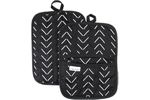 Sage+Stitch Heat Resistant Designer Pot Holders with Hand Pockets and Hanging Loops | Set of 2 100% Cotton Dual Function Kitchen Pot Holders and Trivets | 7'' x 9'' | Black