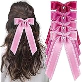 hisial 4PCS Ruffle Layered Hair Bows Alligator Clips Big Bowknot Barrettes Long Tail Tassel Hair Accessories for Women Girls Thick & Thin Hair Decoration(Pink/Hot Pink/Light Pink/Rose Red)