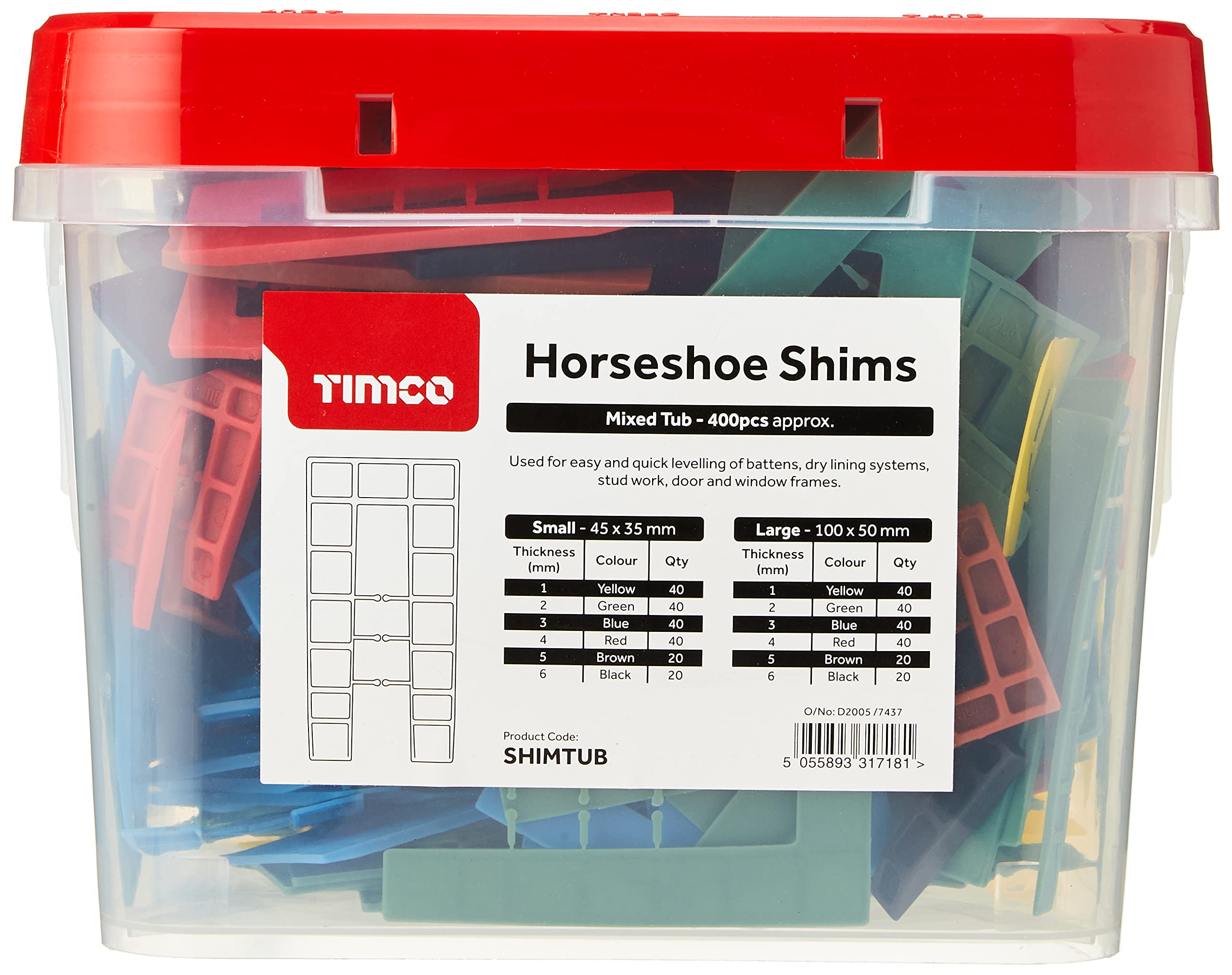 TIMCO Assorted Shims - Assorted Colours - Colourful spacers, shims, Plastic Packers - Used for Easy Quick Levelling of battens, Dry Lining Systems, Door and Window Frames - 1.0-6.0mm - Tub of 400