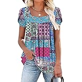 BETTE BOUTIK Womens Summer Tops Short Sleeve Pleated Square Neck Tunics Shirts Blouses S-3XL