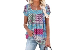 BETTE BOUTIK Womens Summer Tops Short Sleeve Pleated Square Neck Tunics Shirts Blouses S-3XL