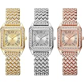 CdyBox 3Pack Classic Ladies Square Watches Women Digital Watch Quartz Elegant Wristwatches with Inlay Diamond Strap Watch