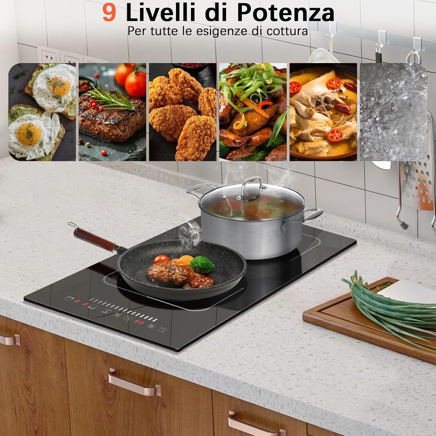 Collage of various dishes being cooked, representing the 9 power levels available on the Karinear induction hob.