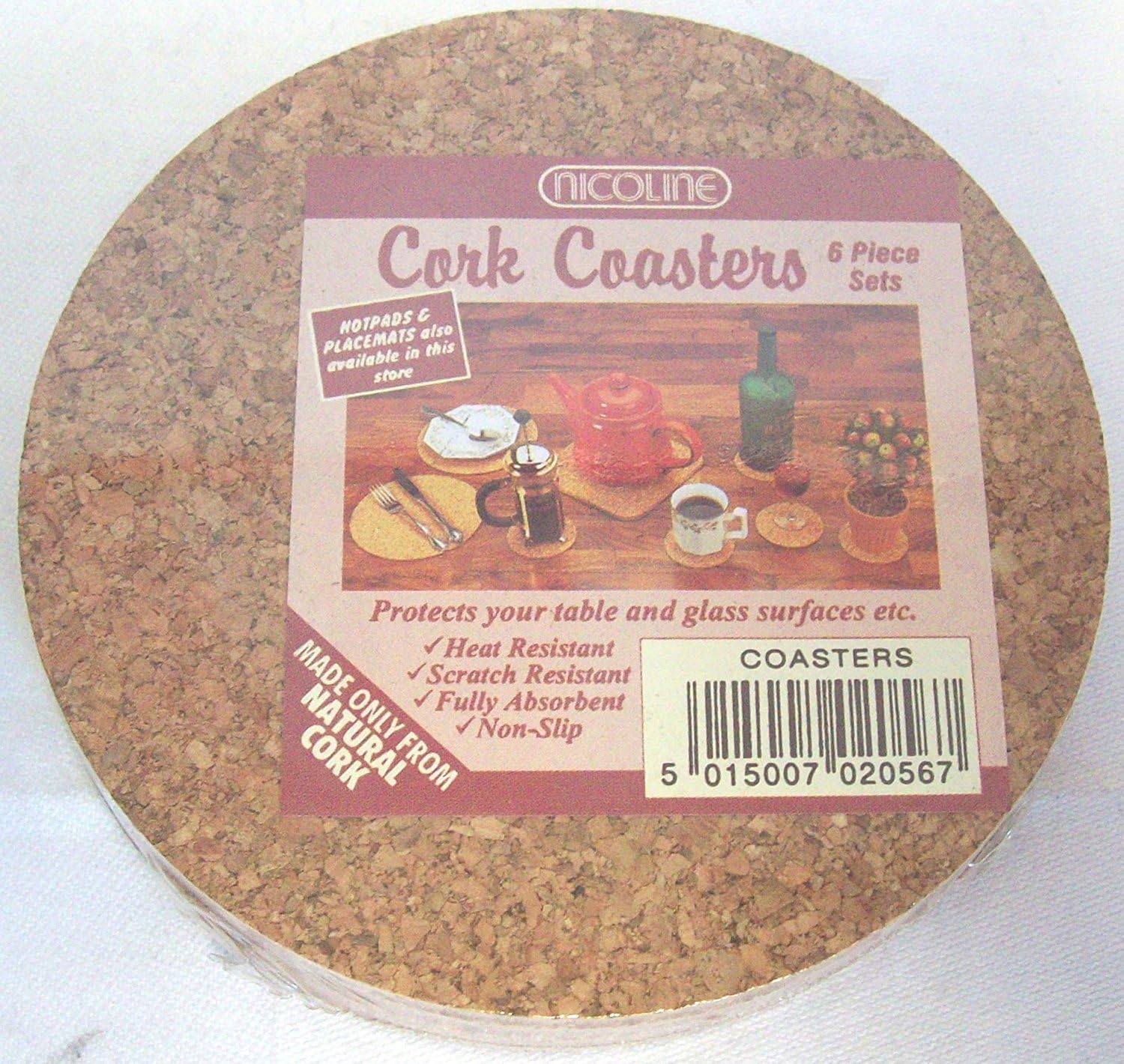 NICOLINE Set of 6 Natural Cork Coasters