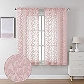 Lecloud Leia Clip Leaf Pink Sheer Curtains 63 Inch Length 2 Panels, Dual Rod Pockets Light Filtering Voile Blush Curtain for Living Room Bedroom, Farmhouse Jacquard Textured Short Drapes, 38W x 63L