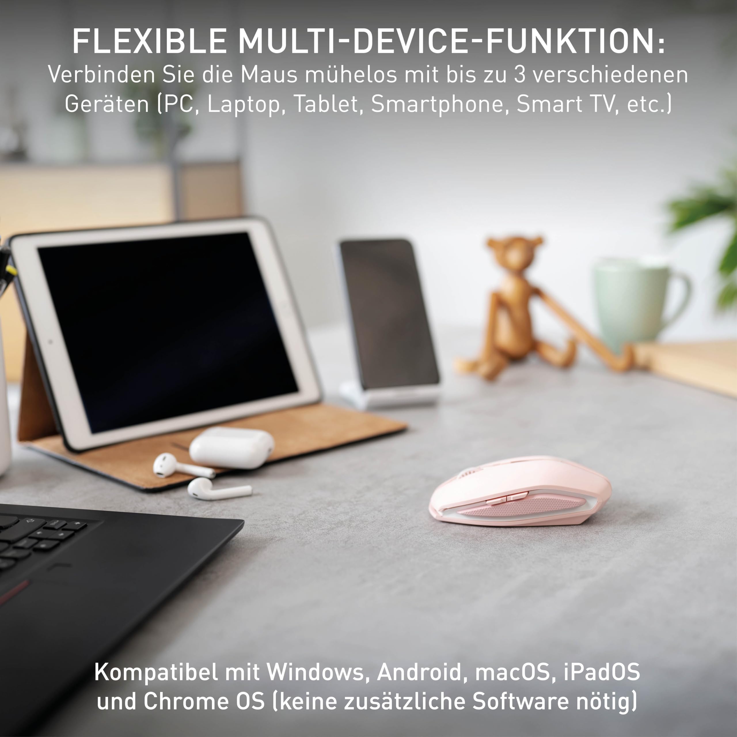 CHERRY GENTIX BT, kabellose Bluetooth Maus, Multi-Device Funktion für bis zu 3 Endgeräte, umschaltbare Auflösung (1000/2000 DPI), 7 Tasten und Scrollrad, batteriebetrieben, Cherry Blossom 5