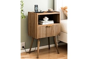 JOONEE Nightstand with Outlet,Modern Bedside Table with Storage Drawer and Open Wood Shelf, for Living Room, Bedroom and Small Spaces, Accent Night Stand with Solid Wood Legs, Easy Assembly,Brown