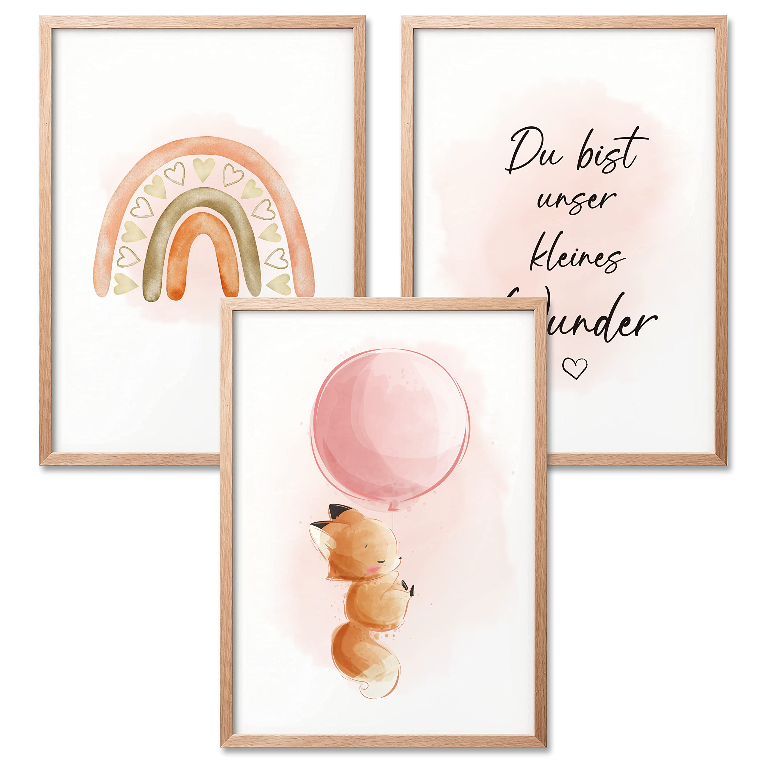 BIROYAL Baby Poster Fox Pictures Nursery Fox Pink Children's Room Pictures Set of 3 Posters Children's Room Decoration DIN A4 (210 x 297 mm)