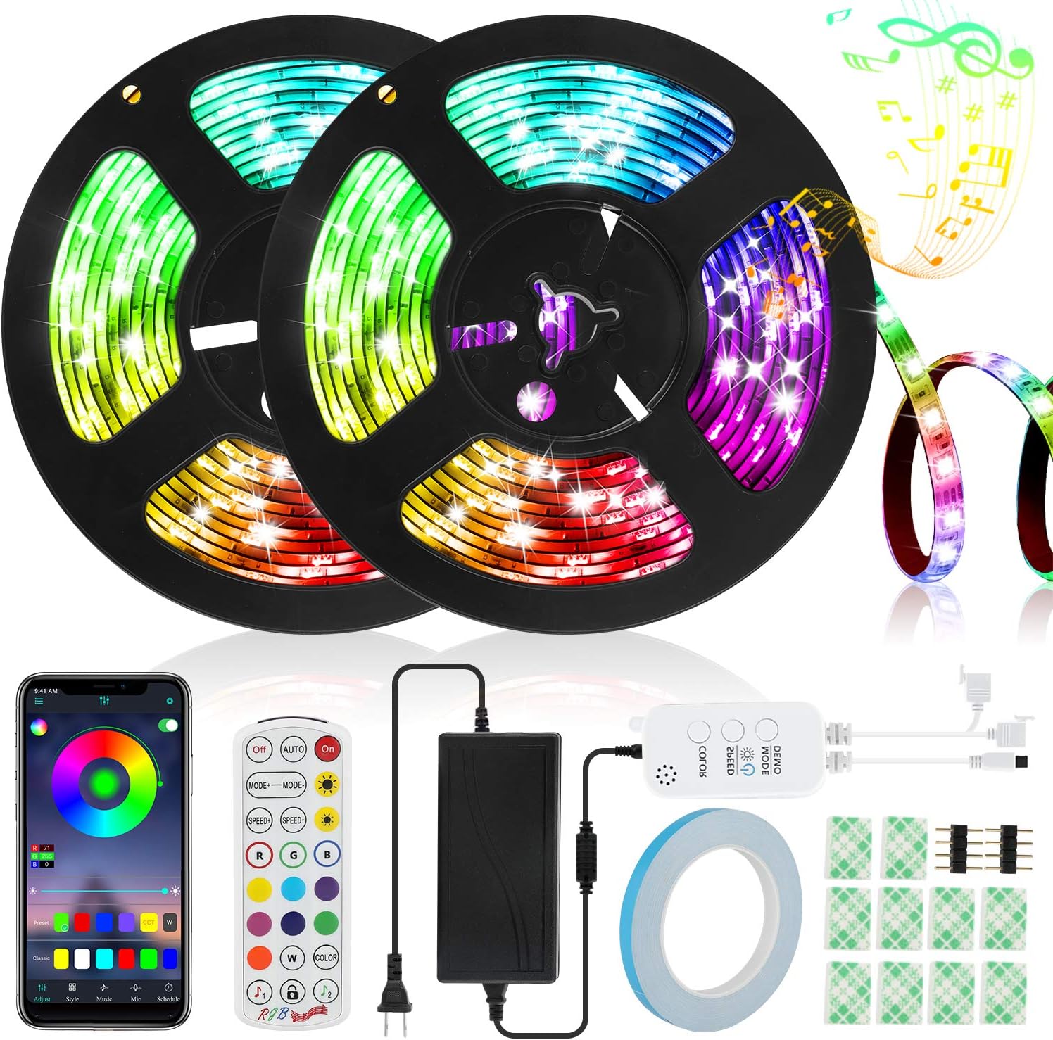 LED Strip Lights, IWVMEM 32.8ft RGB 300 LEDs SMD5050 Flexible Light, IP65 Waterproof Music Sync Color Changing Tape Lights, 24-Key Remote Control + Bluetooth APP Control, for Home Party Decoration