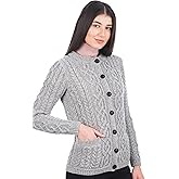 SAOL 100% Merino Wool Ladies Irish Buttons Knit Cardigan Lumber Jacket with Pockets