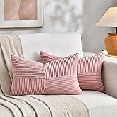 Fancy Homi 2 Packs Blush Pink Lumbar Decorative Throw Pillow Covers 12x20 Inch for Living Room Couch Bed, Rustic Farmhouse Boho Home Decor, Soft Striped Corduroy Rectangle Accent Cushion Case 30x50 cm