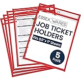 Essex Wares - 5 Pack, Red, Job Ticket Holders, 10" Wide x 13.5" Tall - Clear Plastic Shop Ticket Holders - Easy to Use, Reusable & Easy Erase Plastic Invoice Holders, Water-Resistant & Durable