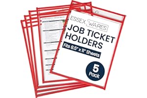 Essex Wares - 5 Pack, Red, Job Ticket Holders, 10" Wide x 13.5" Tall - Clear Plastic Shop Ticket Holders - Easy to Use, Reusable & Easy Erase Plastic Invoice Holders, Water-Resistant & Durable