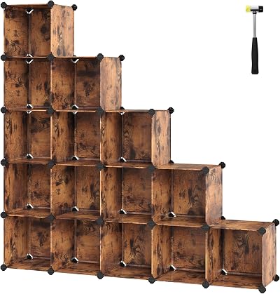 SONGMICS Modular Shoe Cabinet 16 Cubes Wardrobe 31x123x123 cm Vintage Brown