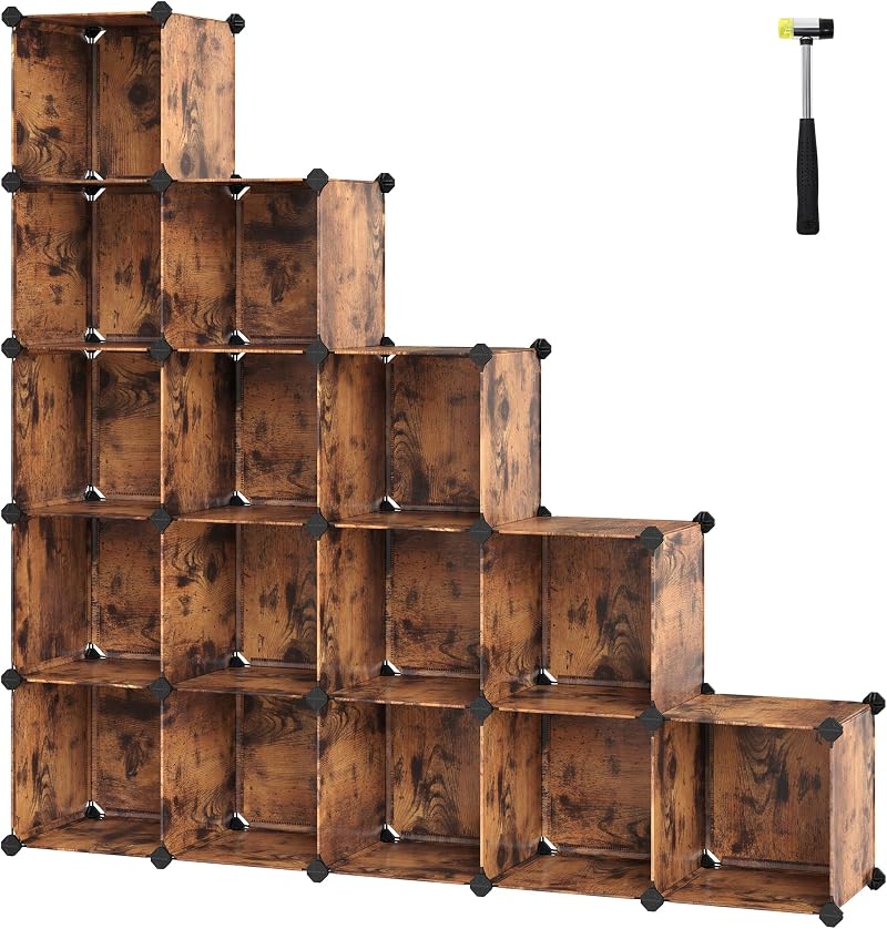 SONGMICS Modular Shoe Cabinet 16 Cubes Wardrobe 31x123x123 cm Vintage Brown