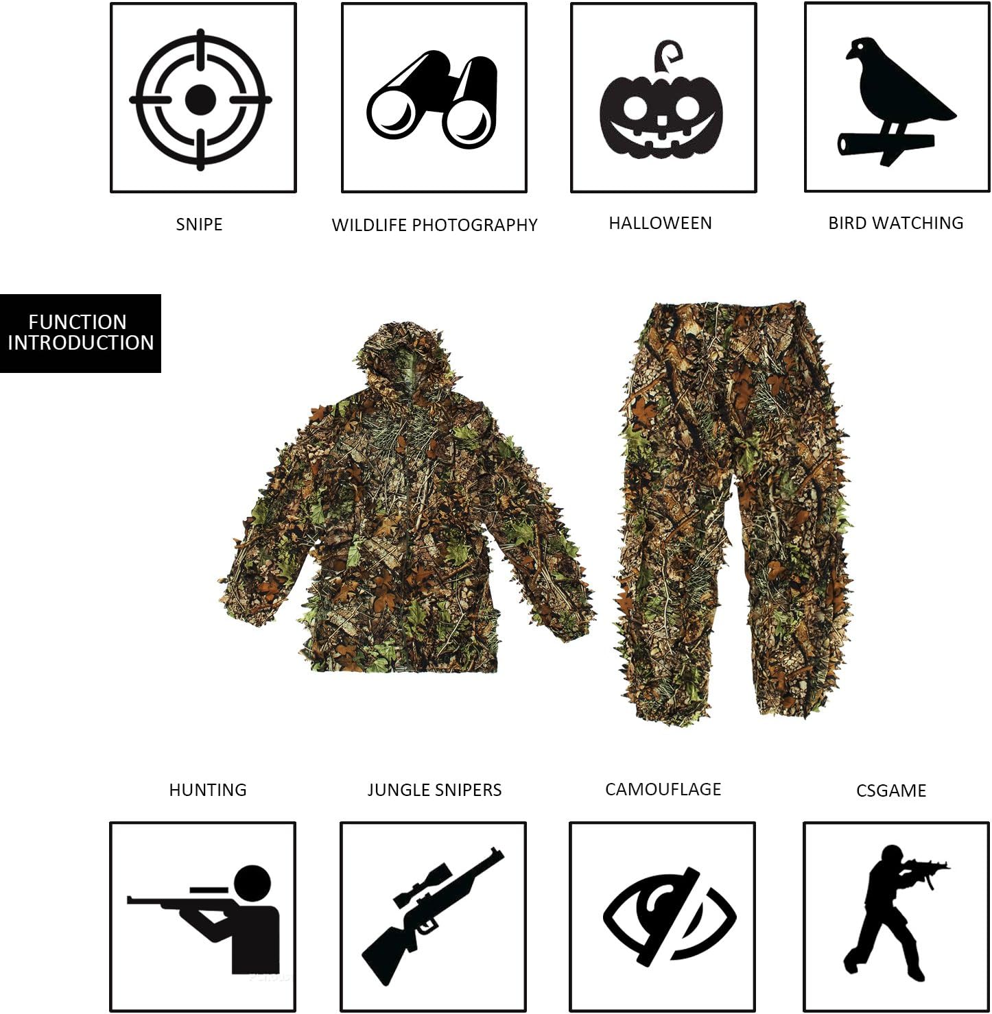 OUTERDO Camo Suits Ghillie Suits 3D Leaves Woodland Camouflage Clothing Army Sniper Military Clothes and Pants for Jungle Hunting, Shooting, Airsoft, Wildlife Photography, Halloween : Sports & Outdoors