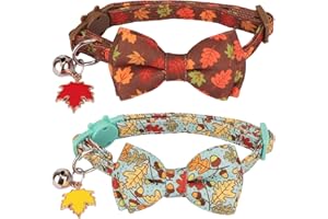 ADOGGYGO 2 Pack Fall Cat Collar with Removable Bow Bell, Brown Green, Halloween Thanksgiving Fall Collars for Cat Kitten