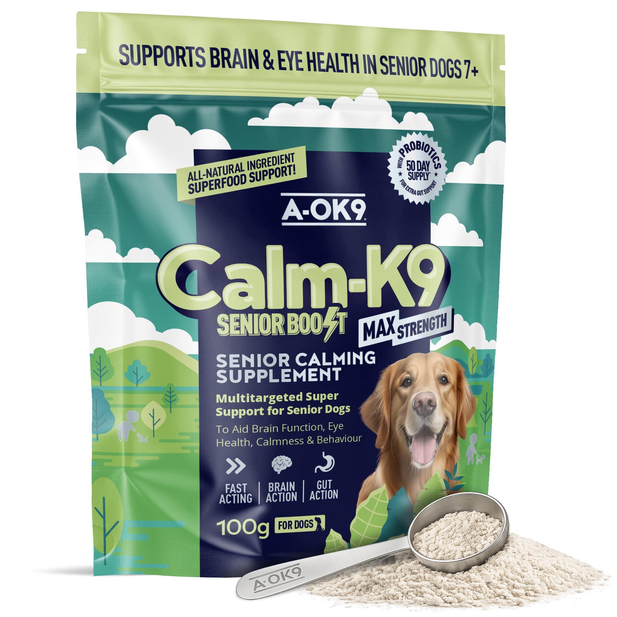 A-OK9 Senior Calm-K9 | Calming Support Supplement for Senior Dogs | Supports Relaxed Behaviour During Fireworks & Travel | Natural Ingredients & Superfoods | Mix with Dog Food