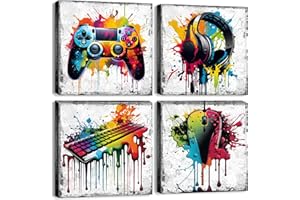 YOOOAHU Gaming Wall Decor Graffiti Wall Art for Teen Boy Game Room Decor Banksy Gamepad Headphones Canvas Pictures Gamer Bedroom Playroom Street Pop Art Wall Decor Modern Cool Painting Artworks 16x16" 4 Piece