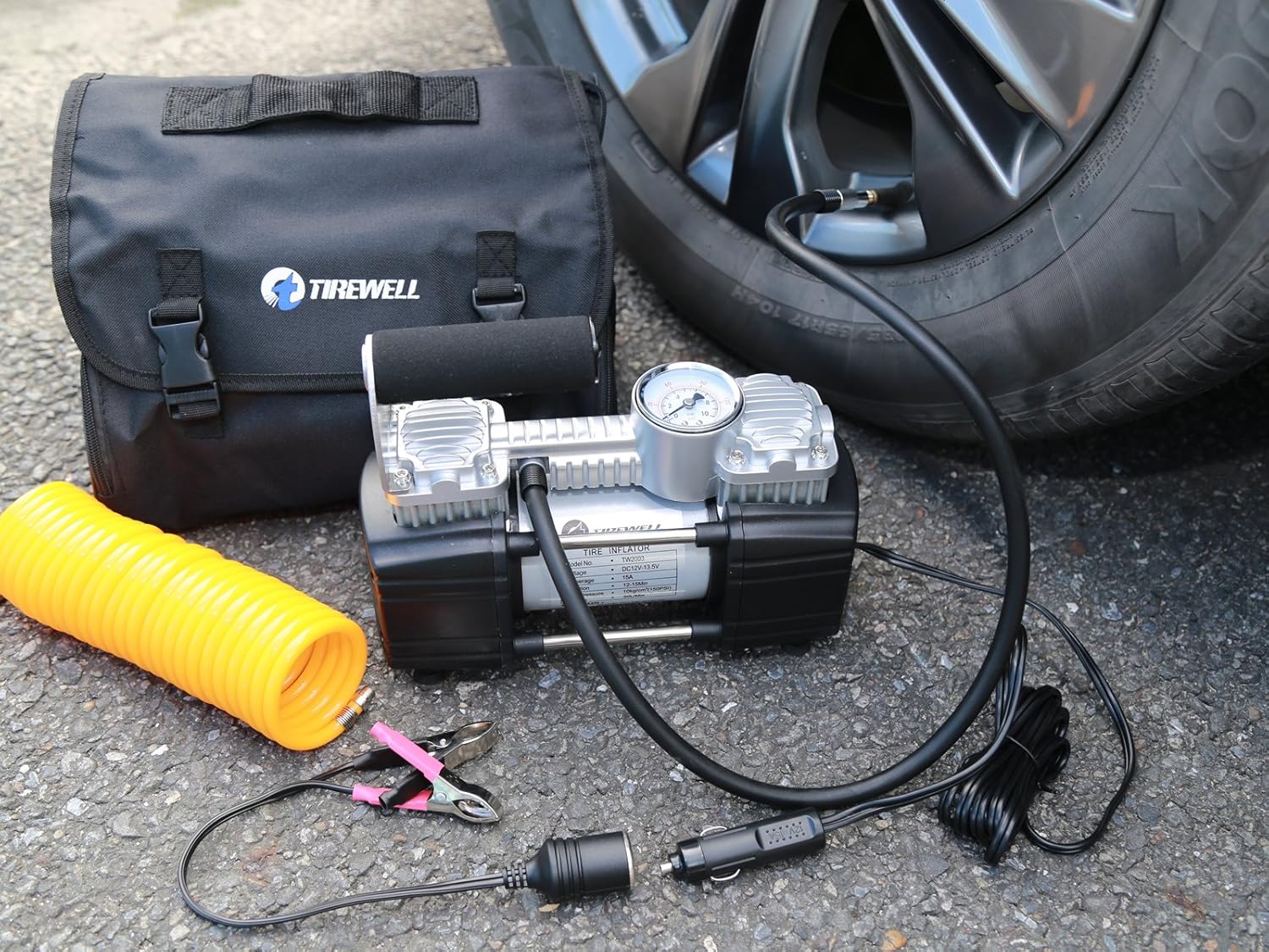 TIREWELL 12V Tire Inflator-Heavy Duty Double Cylinders Direct Drive Metal Pump 150PSI, Compressor with Battery Clamp and 5M Extension Air Hose, SUVs/Trucks/Vans/RVs: Automotive